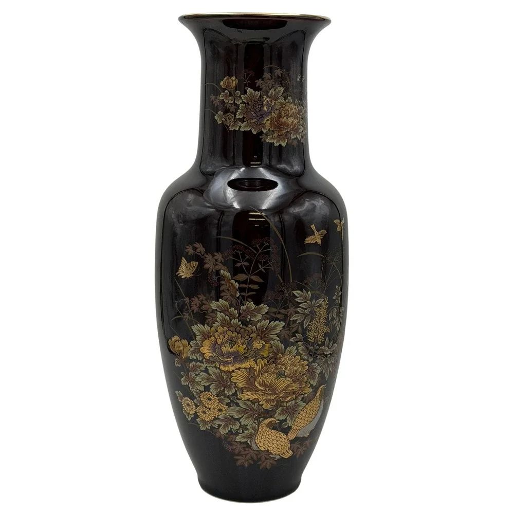 Vtg Japanese Shibata Style Gilded Floral Bird Ceramic Vase Dark Brown Gold 14in